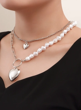 欧美饰品 异形仿珍珠串珠拼接锁骨链项饰 双层爱心吊坠项链女