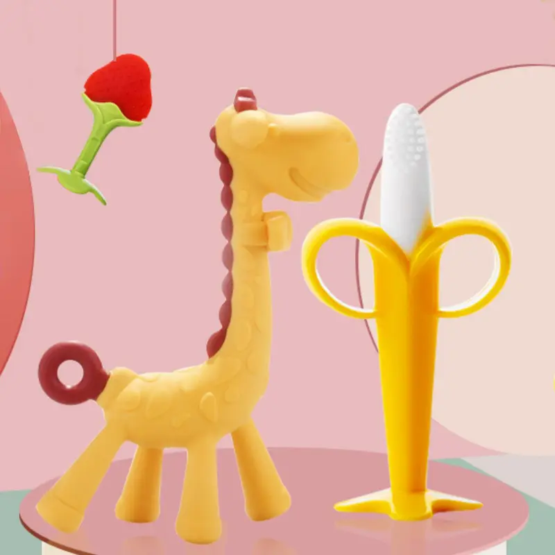 宝宝香蕉牙胶磨牙棒婴儿草莓口咬胶儿童玩具食品级硅胶可水煮