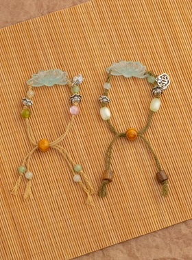 新中式编织绳荷花抽拉手链女小众设计民族风高级感手串个性手饰品