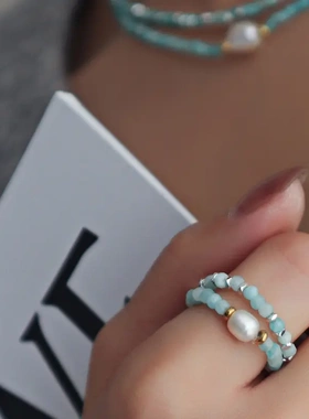 天河石串珠人造碎银形弹力戒指小众简约食指戒百搭高级感手饰