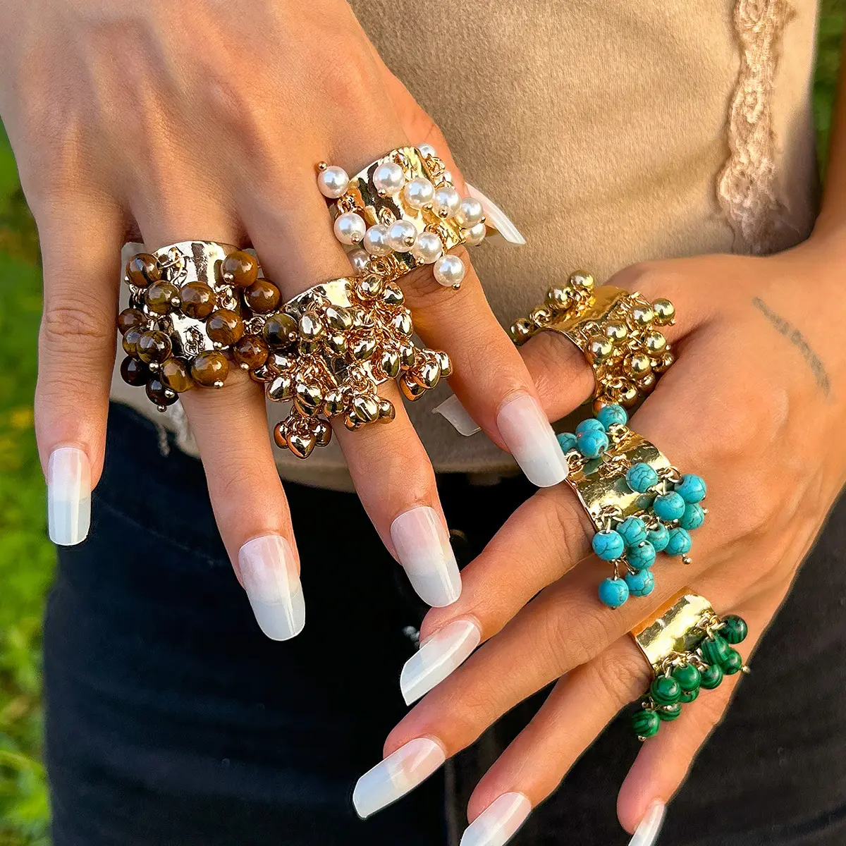 欧美夸张复古彩色宝石珍珠流苏戒指女 个性松石爱心指环ring