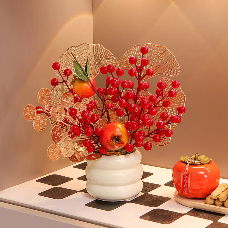 新款发财果仿真花装饰新家乔迁布置用厅电视柜红浆果花艺摆件