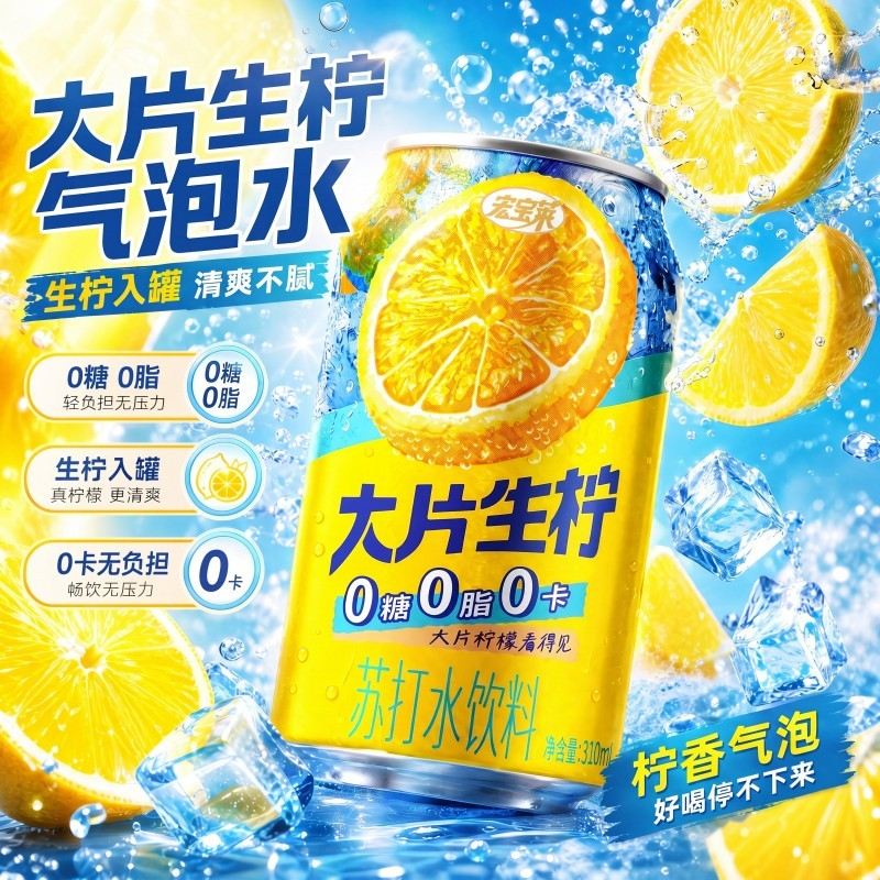 新品宏宝莱一片柠檬苏打水12罐无糖气泡水0糖0脂0卡碳酸饮料
