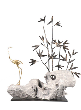 新中式仙鹤石头竹子样板间茶室酒店艺术客栈玄关禅意软装饰品摆件