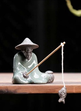 创意人物渔翁微景观姜太公陶瓷茶宠园艺造景垂钓渔公家居装饰摆件