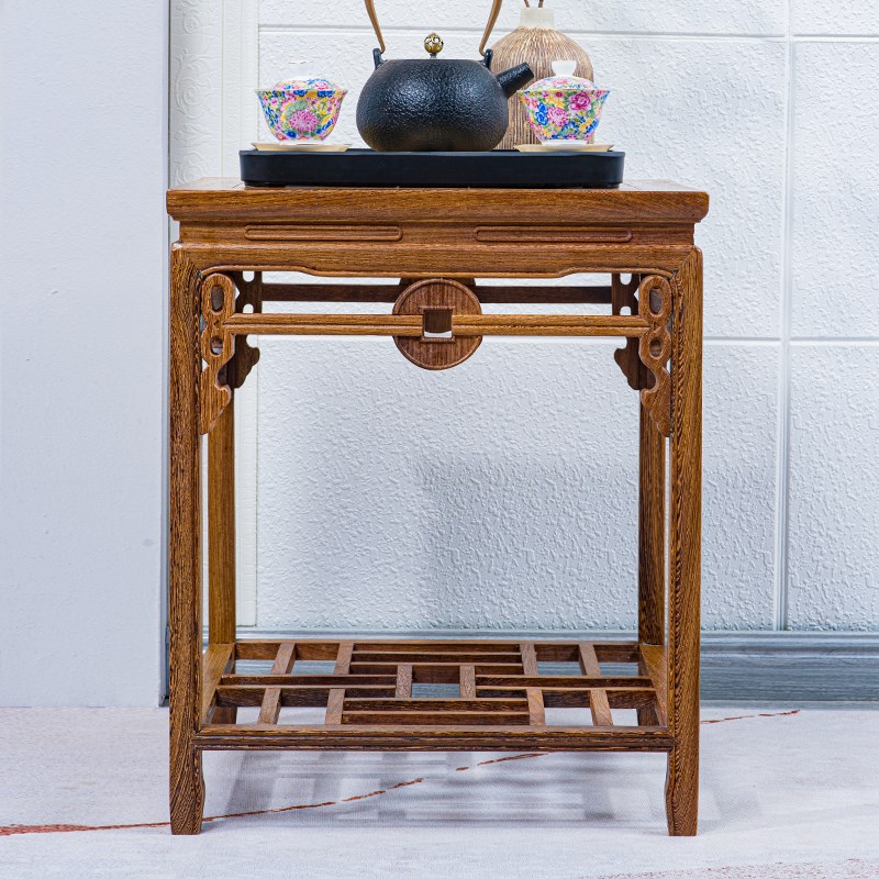 鸡翅木小茶几实木多层茶台储物方几角几复古仿古简约客厅铜钱边几