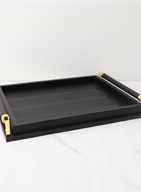 新中式皮革木质黑色托盘样板房书房客厅家居书房电视柜装饰品摆件