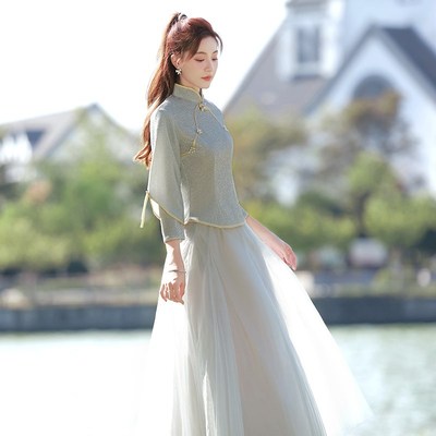 伴娘服中式姐妹团礼服2024新款女大码胖MM长袖显瘦小众旗袍伴娘裙