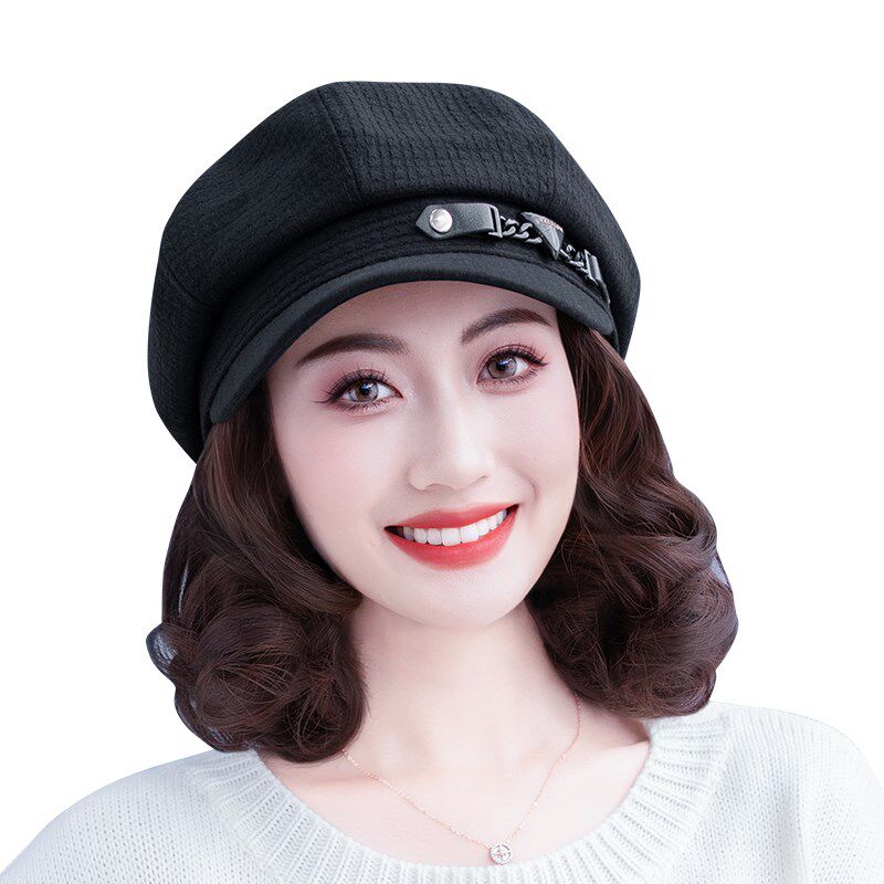 假发帽子一体女秋冬季带帽子假发一体2024新款八角帽短卷发可拆卸