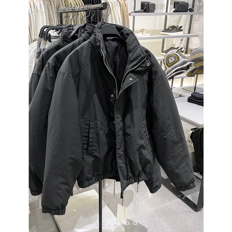 柜529!秋冬男装简约立领棉服夹克7627502 800宽松休闲黑色厚外套