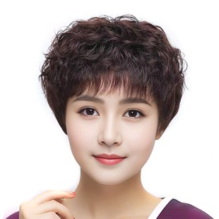 假发女全头套短卷发真发柔顺轻薄夏中老年自然假发套妈妈款 假头套