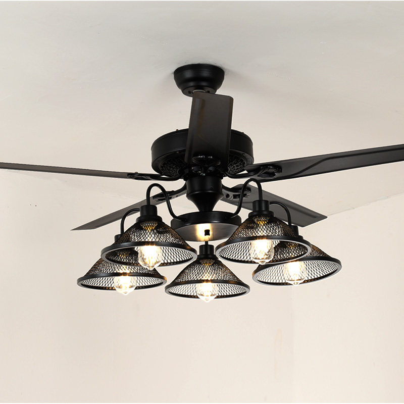 变频静音复古电风扇灯工业风吊扇灯餐厅客厅家用铁叶木叶美式吊灯