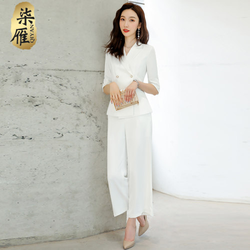 职业装气质女神范夏季新款西服时尚阔腿裤套装白色ol女总裁工作服