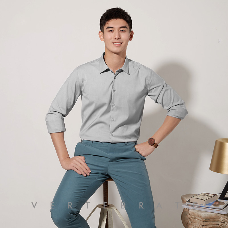 脊椎动物男装轻商务浅灰色暗纹长袖衬衫抗皱免烫男士衬衣气质暖男