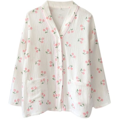 单件上衣棉纱布睡衣女春秋夏季纯棉V领长袖家居服甜美薄款单上装