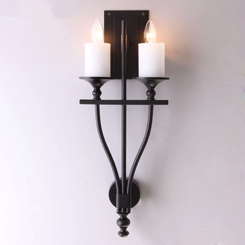 美式乡村客厅壁灯过道复古双头云石蜡烛铁艺黑色创意卧室床头壁灯