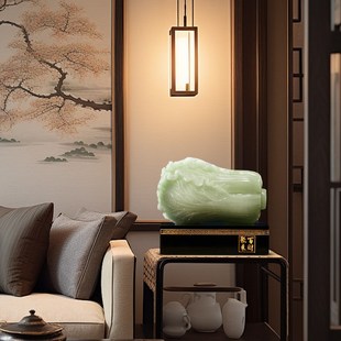 百财聚来玉石白菜摆件客厅玄关办公室酒柜新中式 饰乔迁开业礼物 装