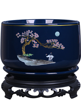 蓝色国潮花盆陶瓷带底座中国风室内阳台蝴蝶兰盆栽多肉透气绿植盆