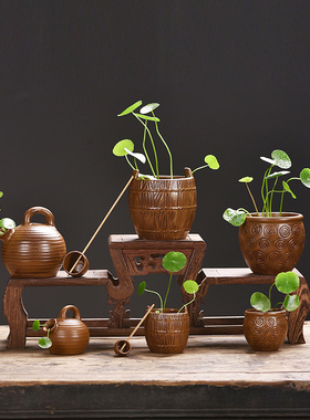 创意水缸水桶复古陶瓷迷你小花器家居水培铜钱草茶桌摆件装饰花瓶