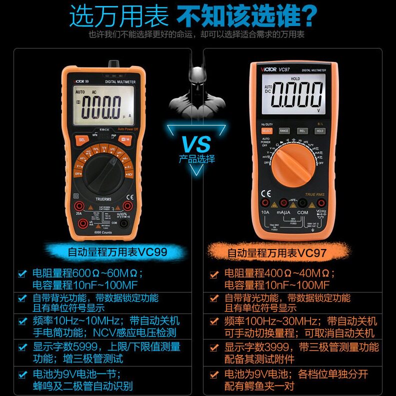 直销胜利万用表 新款自动量程数字万用表VC97 可测温度频率 背光V