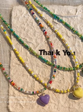 法式手工滴油爱心彩色串珠项链小众轻奢甜美颈链锁骨链多巴胺配饰