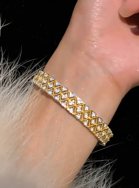 轻奢菱形锆石方形镂空宽面开口手镯欧美手环复古高级感手饰女