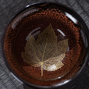 陶瓷家用茶具斗笠杯大号品茗杯 建盏窑变树叶茶杯窑变主人杯日式
