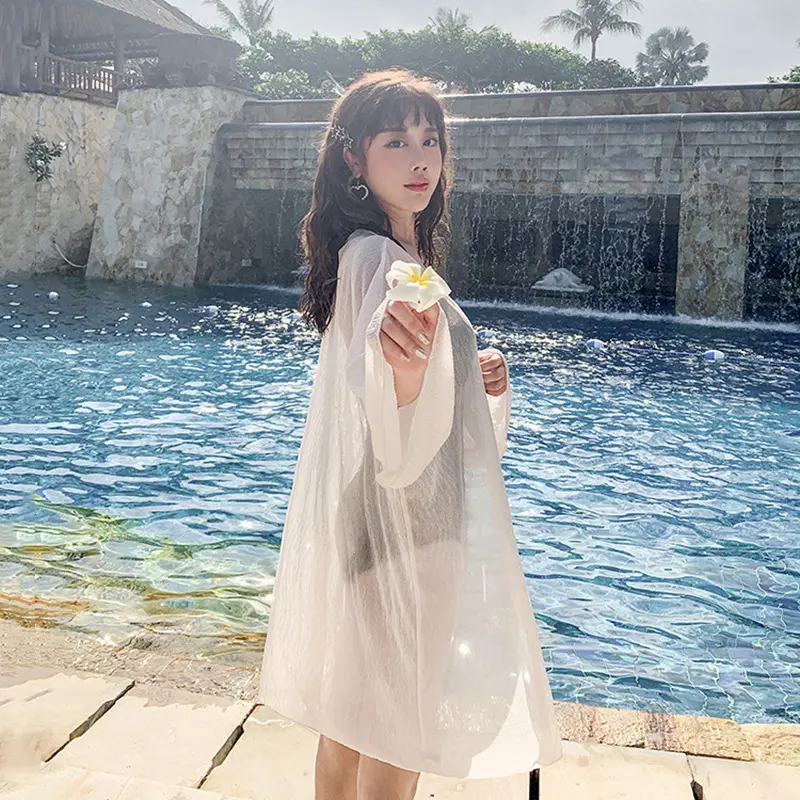 欧美新款雪纺皱沙滩外套宽松大码开衫比基尼罩衫防晒衫女泳衣外搭