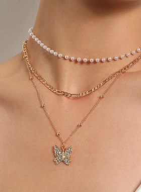 欧美饰品 复古珍珠满钻吊坠项链 时尚三比一圆珠链条项饰