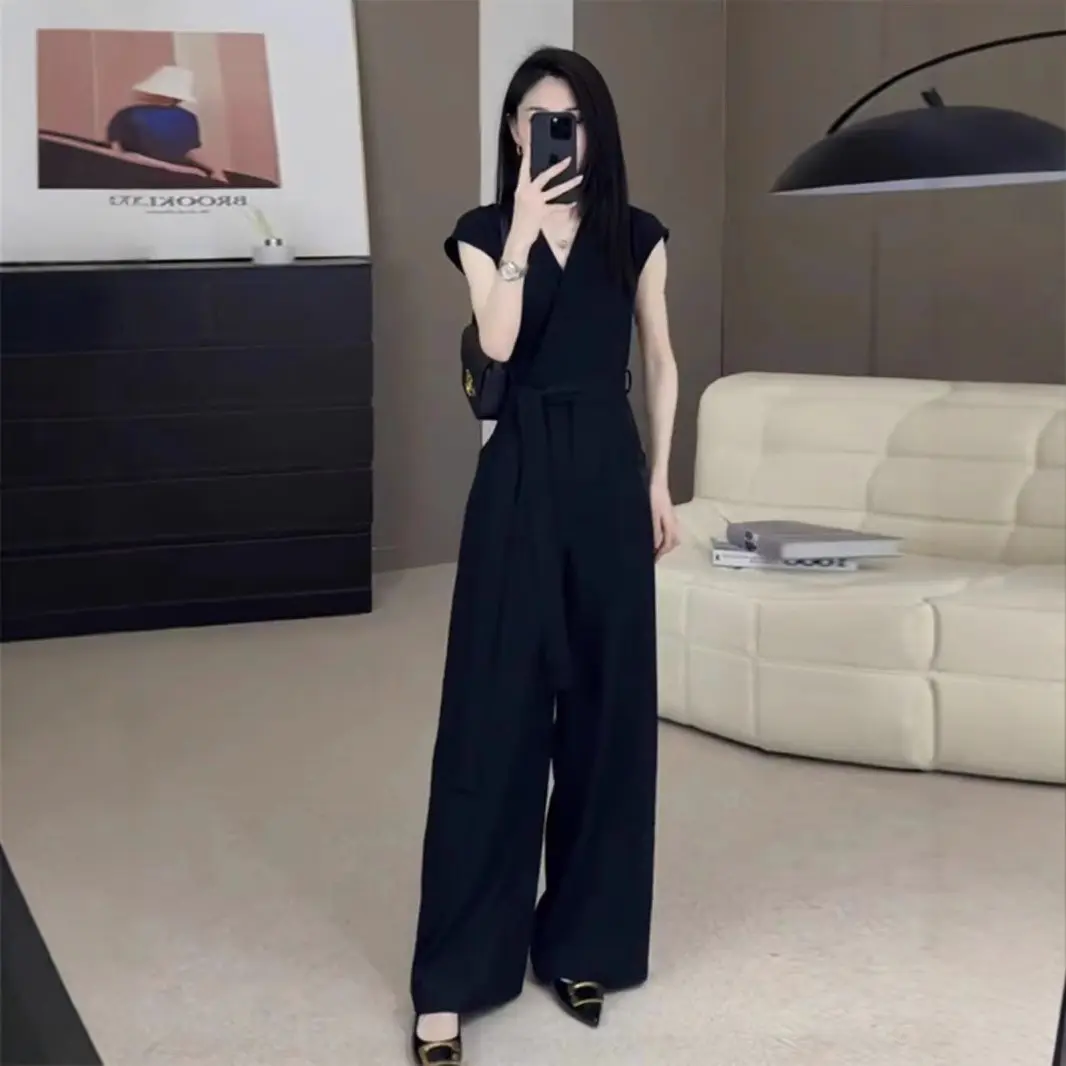 气质女神范连体裤女夏季职业通勤时尚法式v领束腰修身显瘦阔腿裤