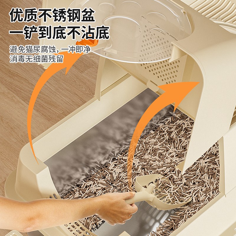 新款不锈钢猫砂盆超大号全封闭加高防臭防外溅猫厕翻盖防雨猫砂盆