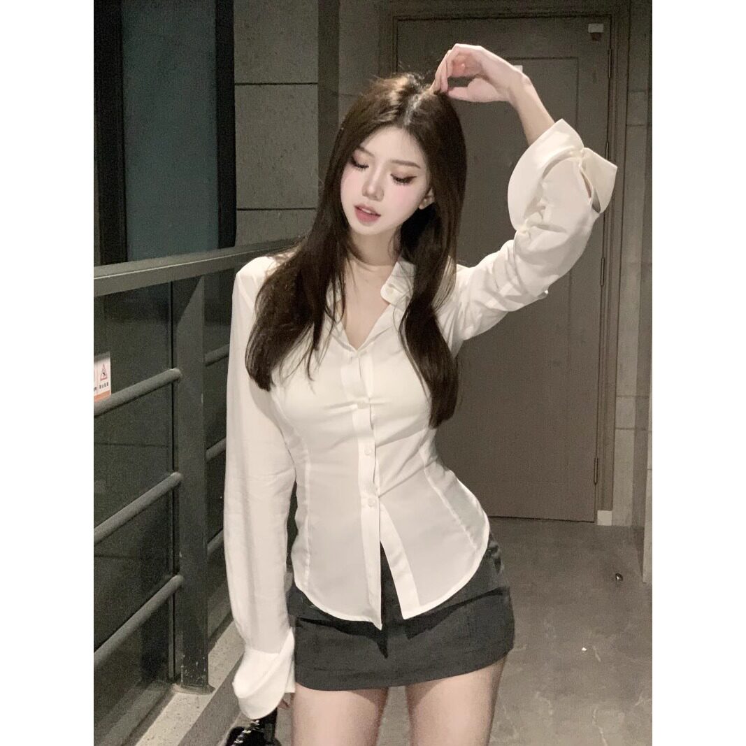 法式辣妹白色喇叭长袖衬衫女装秋季设计感小众收腰衬衣修身上衣