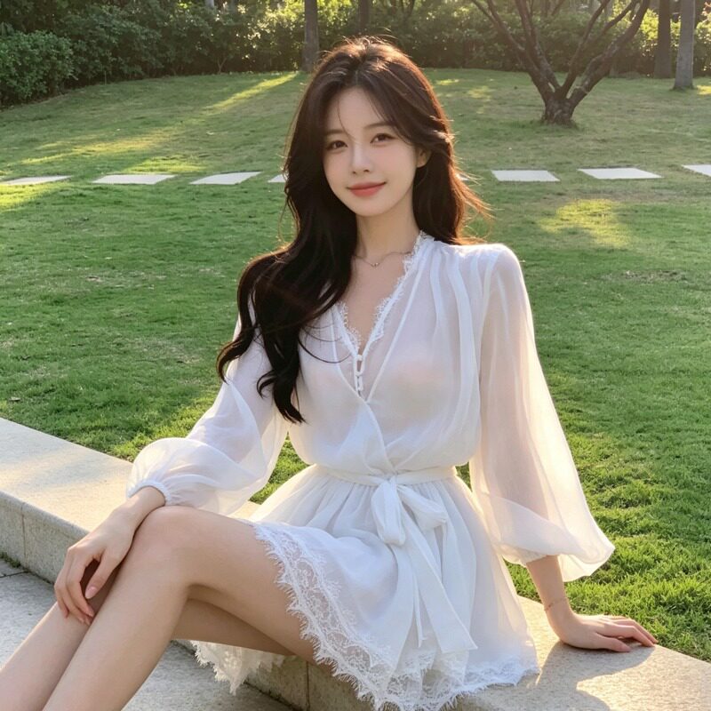 2026夏季新款灯笼袖白色蕾丝花边V领雪纺连衣裙短款收腰仙女裙潮