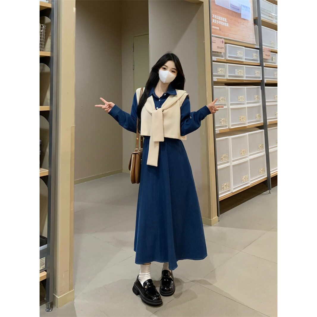 2026秋装大码胖mm磨毛显瘦连衣裙套装学院风裙子马甲上衣两件套女