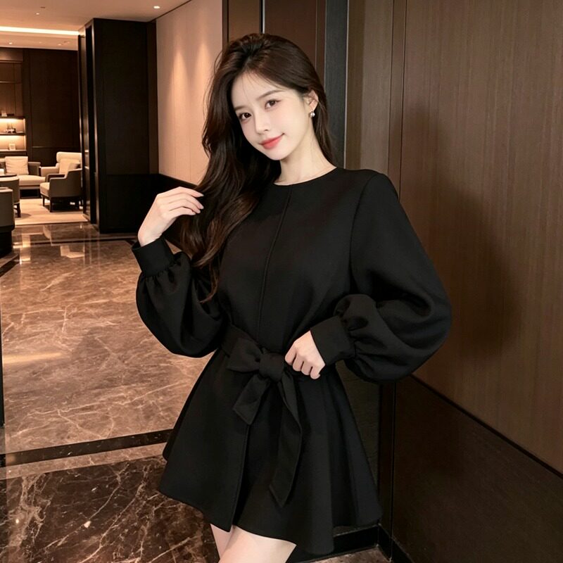 高级感黑色外套女冬季新款灯笼袖系带宽松显瘦小众中长款气质上衣