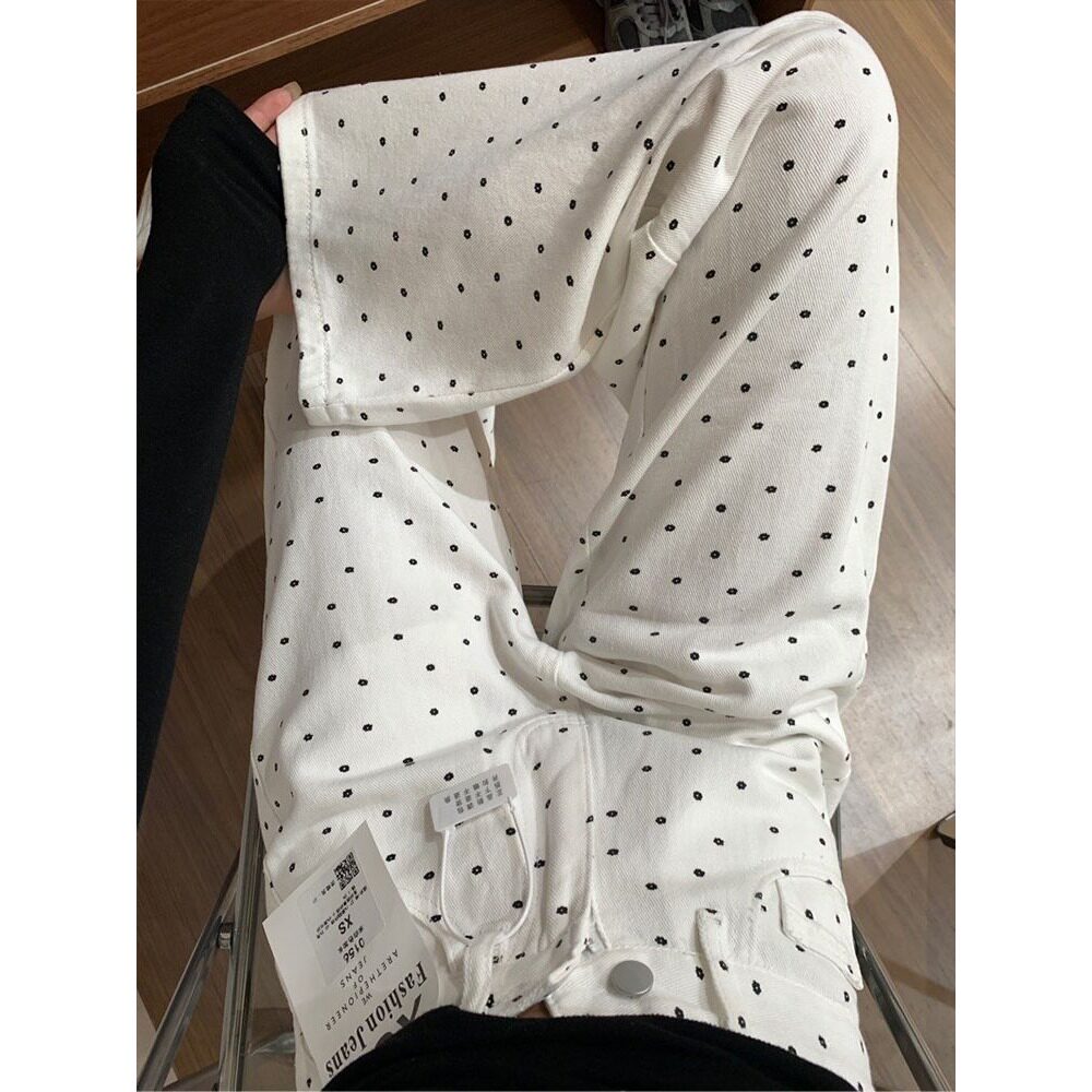 美式白色碎花波点牛仔裤女夏季高腰薄款裤子显瘦宽松阔腿拖地长裤