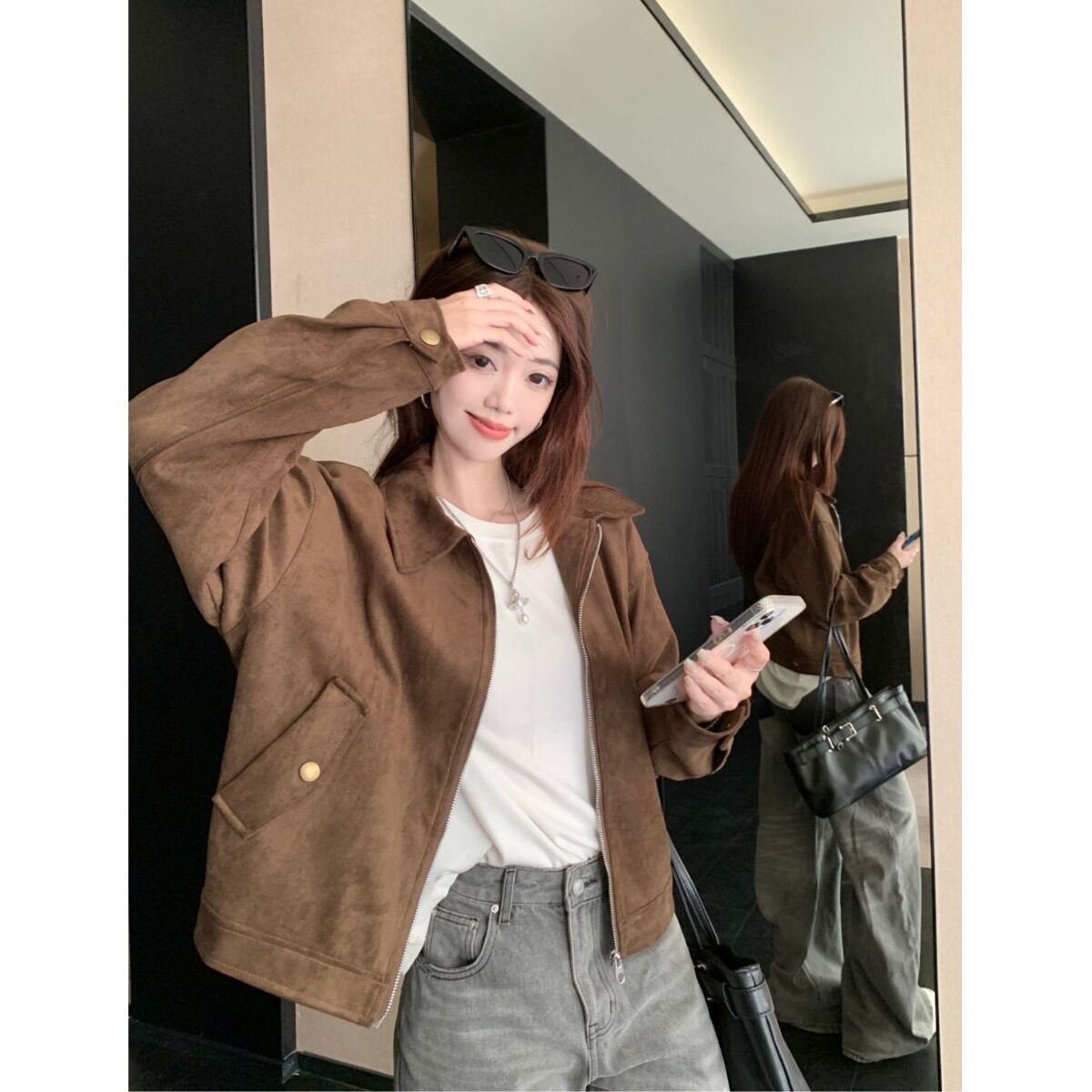 美拉德短款麂皮绒外套女