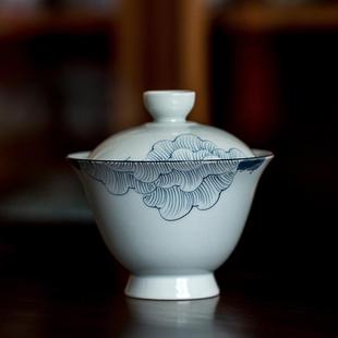 薄胎茶杯茶具 陶泥手绘青花二才盖碗陶瓷单个景德镇不烫手茶碗套装