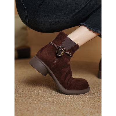 翻毛皮短靴女靴春秋单靴圆头中跟粗跟真皮厚底磨砂皮33码40侧拉炼