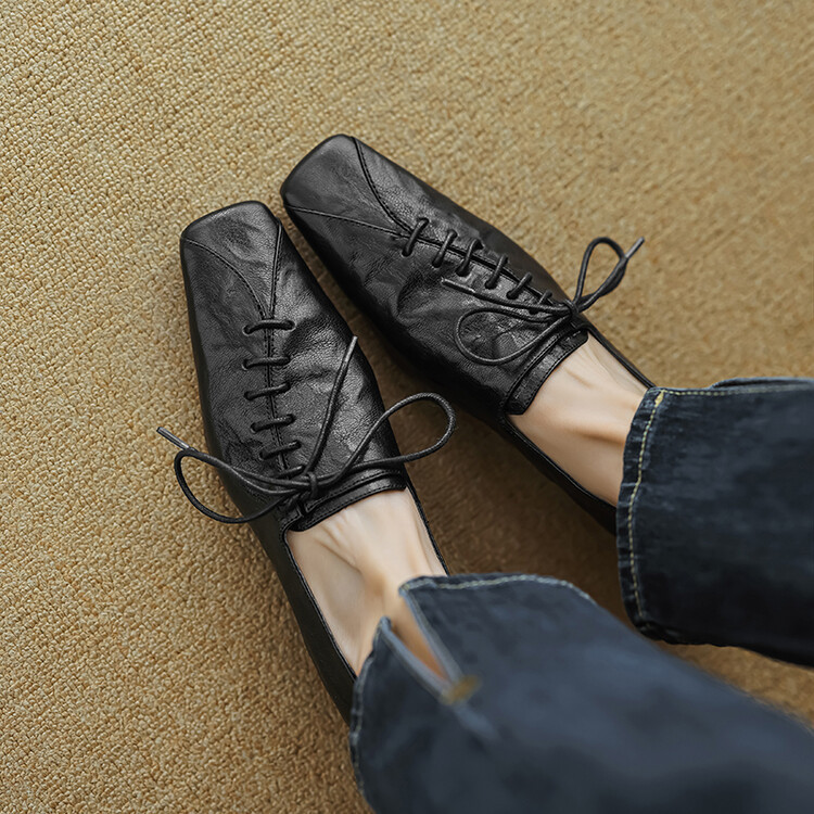 用心做鞋~羊皮系带乐福鞋女春季低跟德比中性小皮鞋3cm粗跟单鞋夏