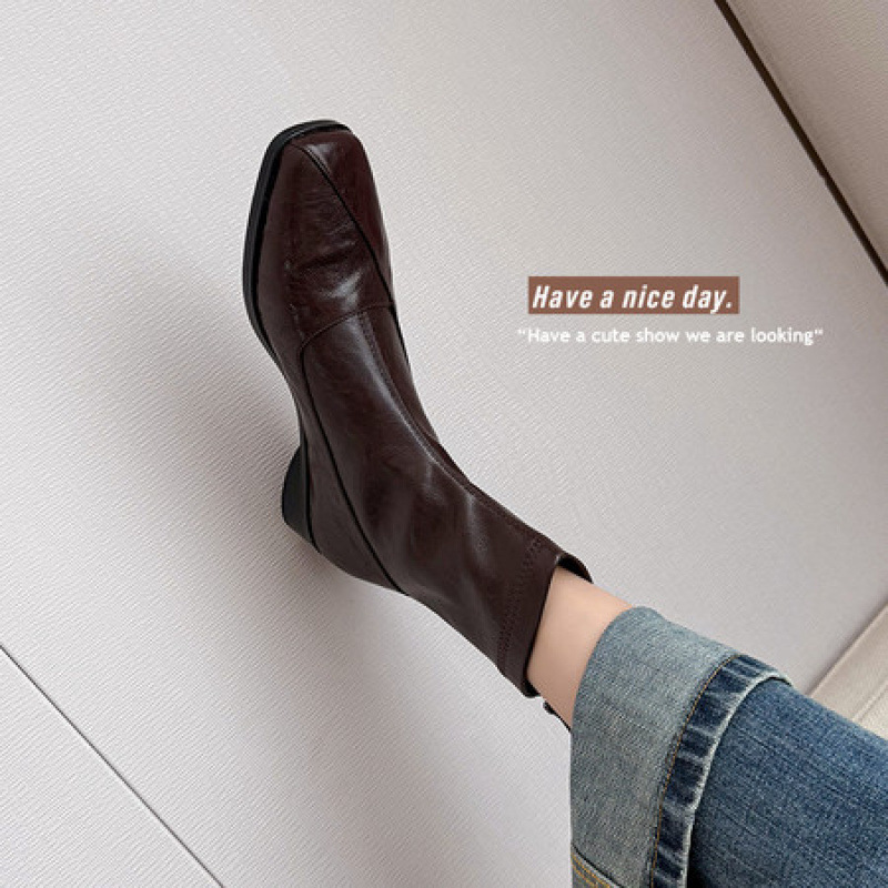 羊皮复古粗跟弹力瘦瘦靴女2025春秋单靴通勤方头低跟真皮短靴