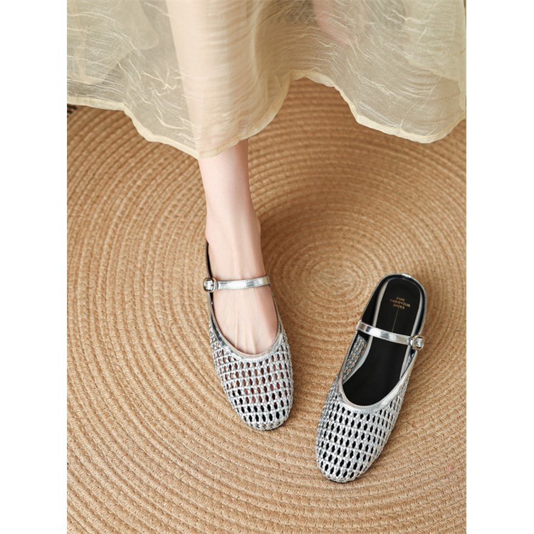 诗宝斐尔法式编织镂空一字带包头半拖鞋女夏季真皮懒人穆勒凉拖鞋