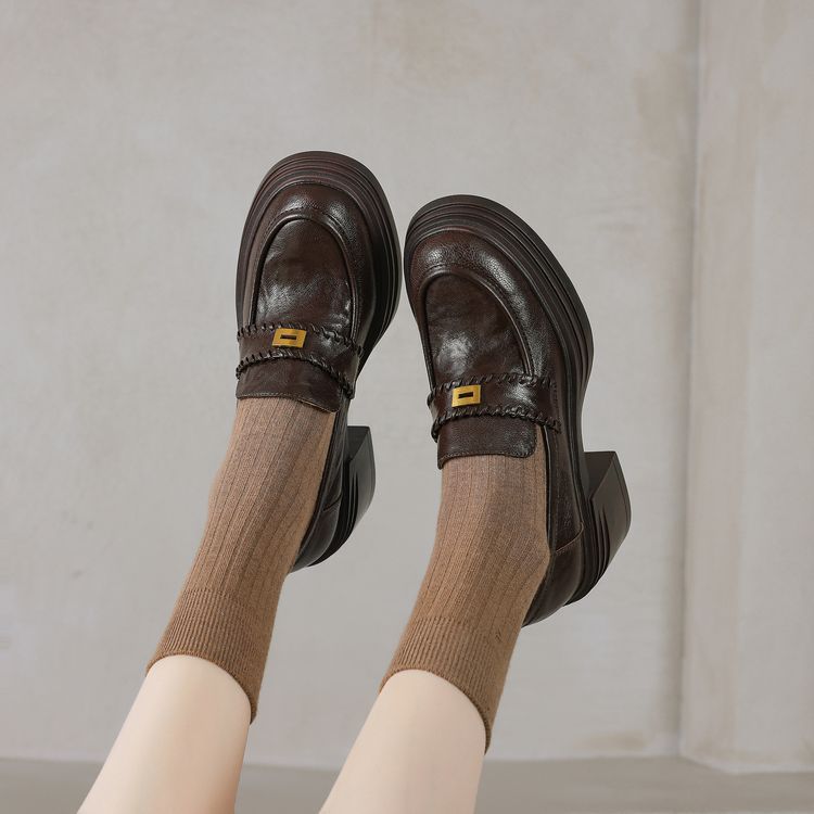 里外全皮！小个子厚底乐福鞋女2025年新款百搭粗高跟单鞋小皮鞋女