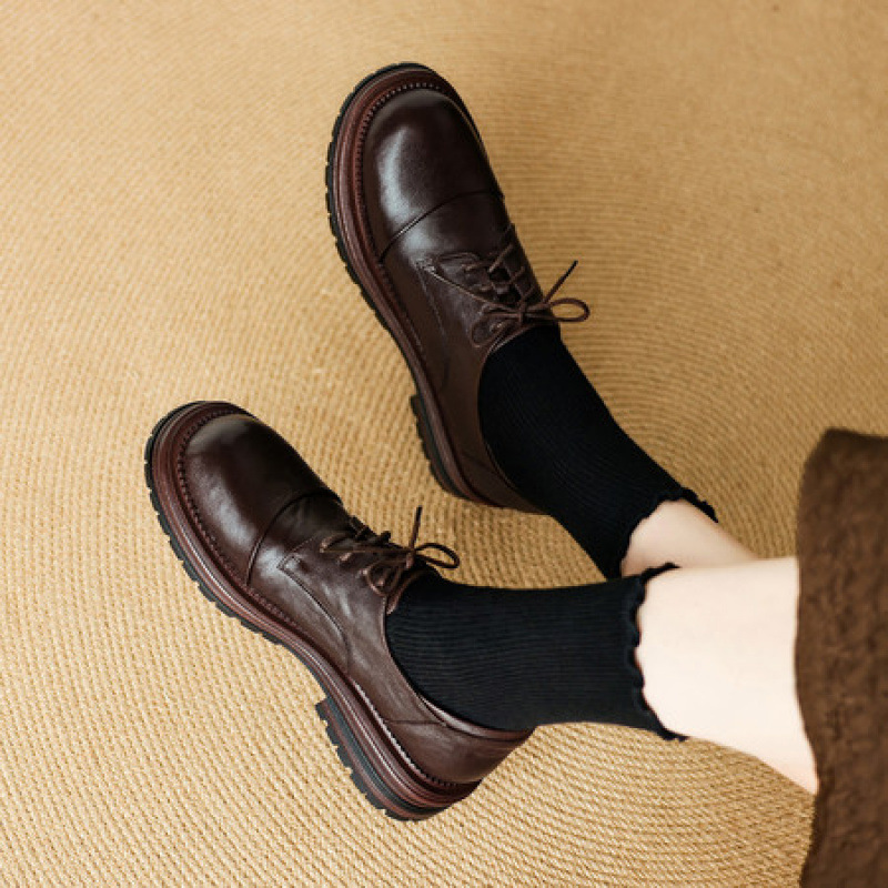 2025新款真皮系带小皮鞋女厚底单鞋中跟棕色乐福鞋英伦风复古