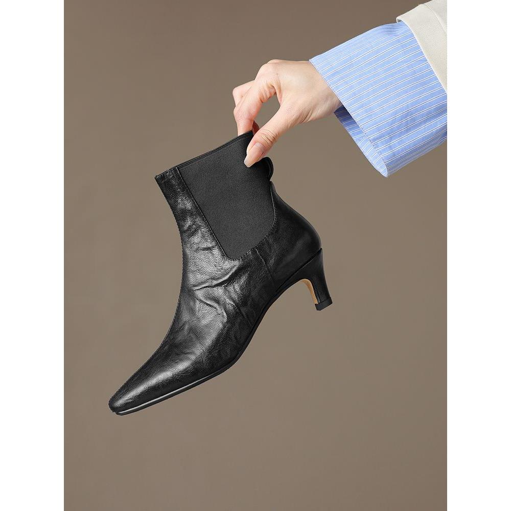 松紧口小方头羊皮短靴春秋5CM粗跟时装靴中跟小皮靴33/40大码女靴