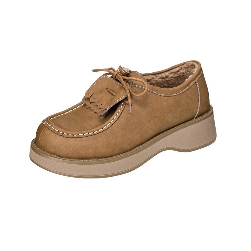 丝光牛翻皮森女系小个子深口乐福鞋圆头流苏袋鼠鞋加绒小皮鞋冬款