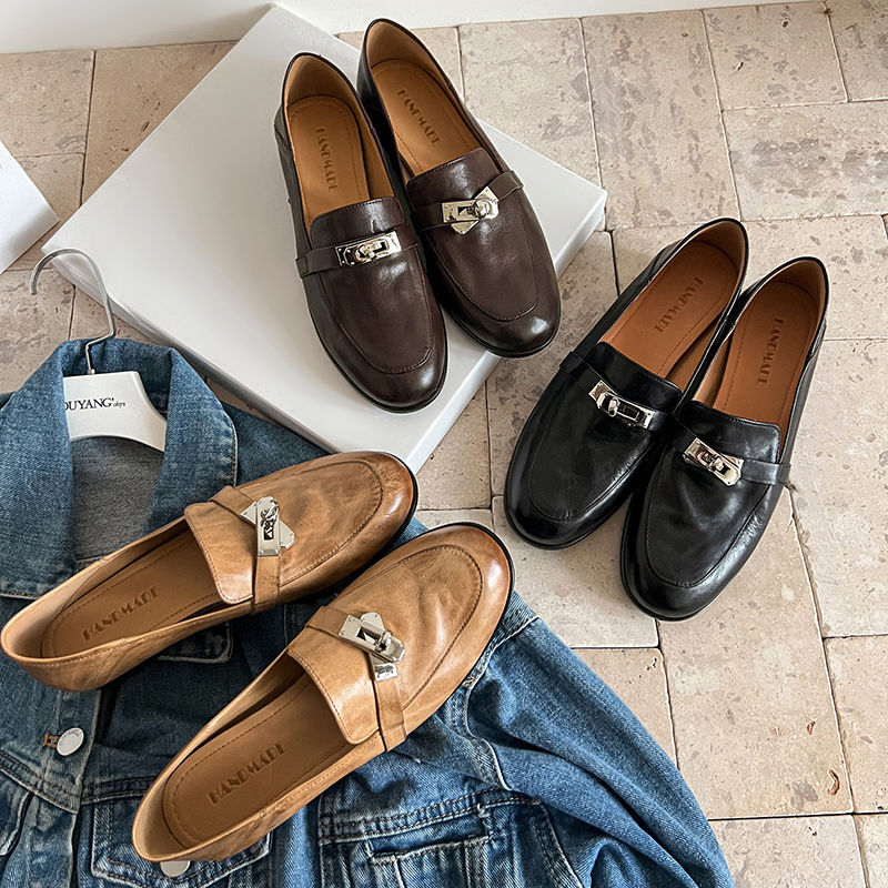 大小码可退头层水洗牛皮擦色复古金属锁扣乐福鞋2025春季一脚蹬单