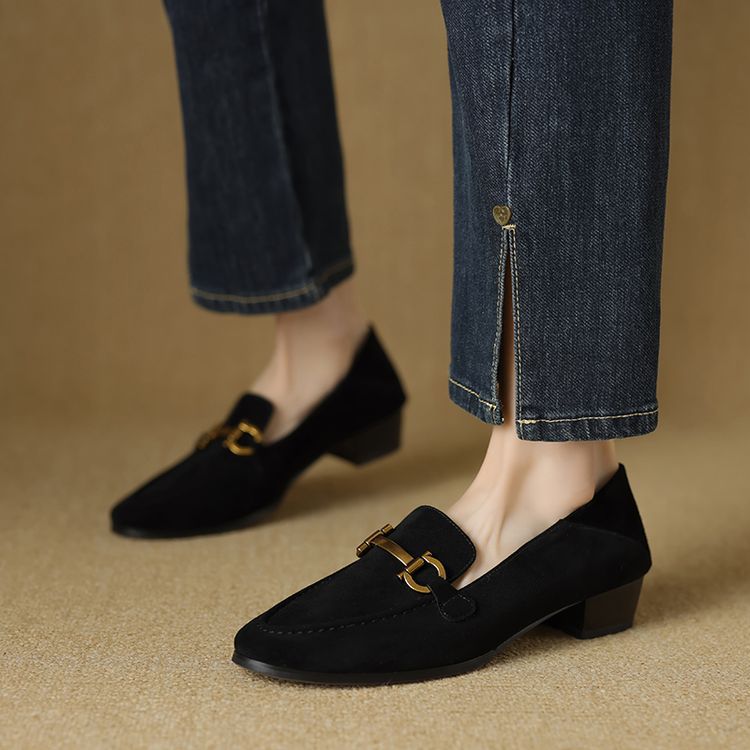 法式复古磨损金属扣英伦风深口乐福鞋2025春季百搭一脚蹬小皮鞋女