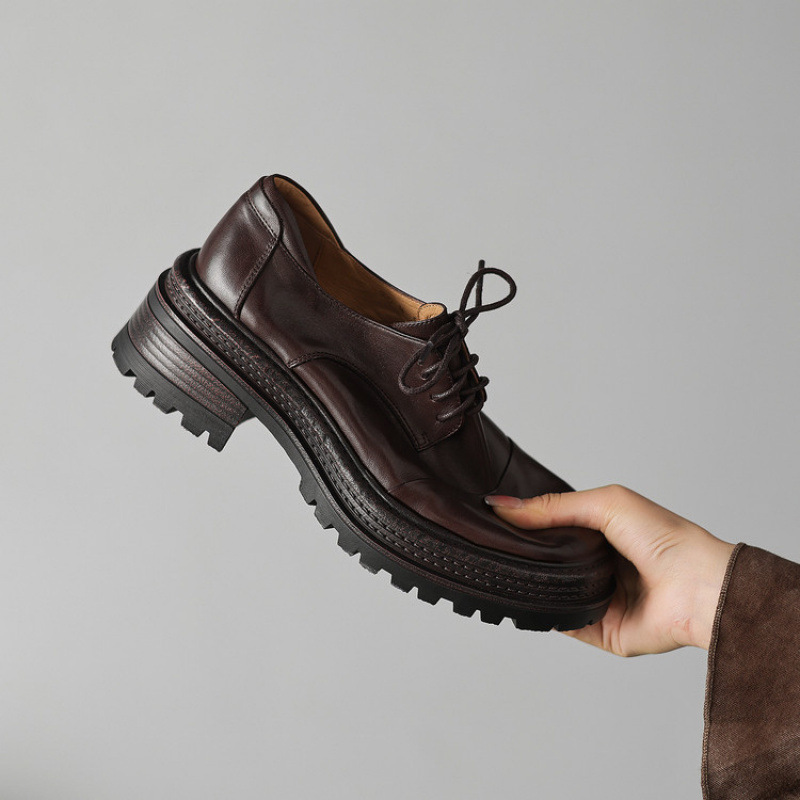 6cm英伦风厚底粗跟小皮鞋女真皮2025新款秋季高跟防水台擦色单鞋