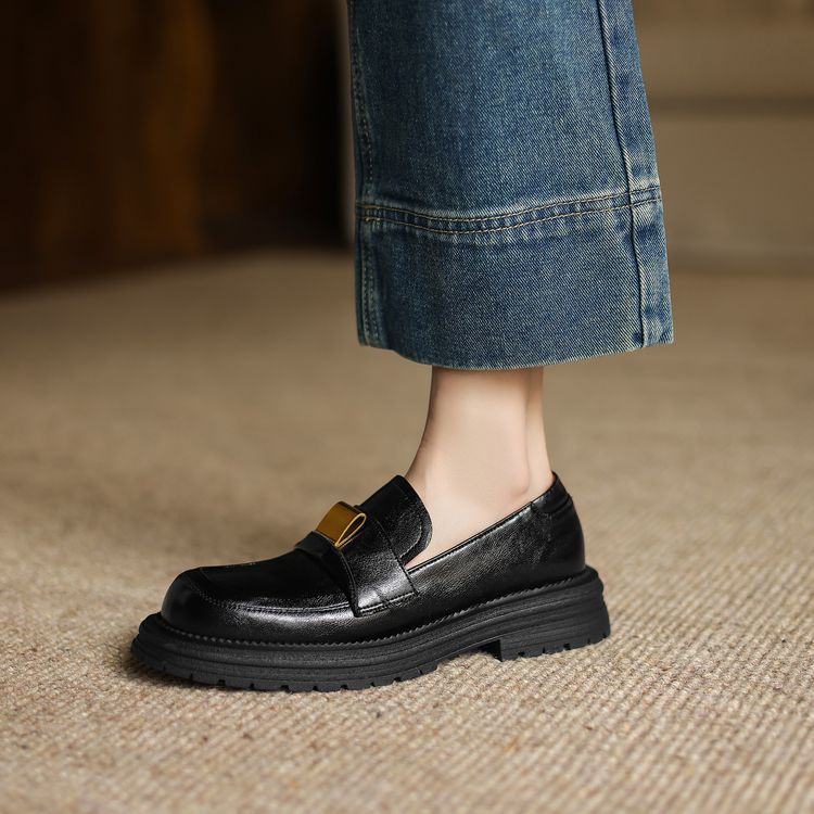 英伦风复古真皮厚底乐福鞋女秋冬季加绒小皮鞋棕色一脚蹬深口单鞋